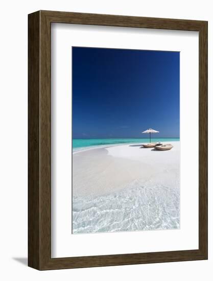 Two lounge chairs with sun umbrella on a tropical beach, The Maldives, Indian Ocean, Asia-Sakis Papadopoulos-Framed Photographic Print