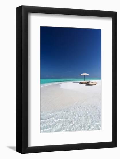 Two lounge chairs with sun umbrella on a tropical beach, The Maldives, Indian Ocean, Asia-Sakis Papadopoulos-Framed Photographic Print