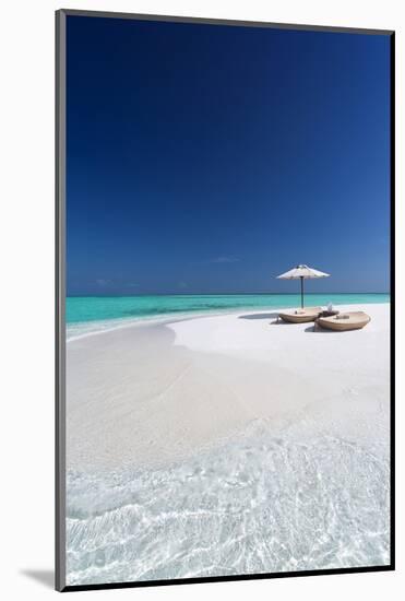 Two lounge chairs with sun umbrella on a tropical beach, The Maldives, Indian Ocean, Asia-Sakis Papadopoulos-Mounted Photographic Print