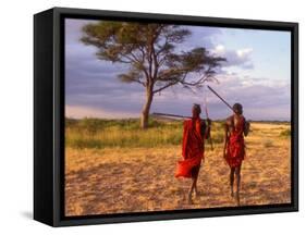 Two Maasai Morans Walking with Spears at Sunset, Amboseli National Park, Kenya-Alison Jones-Framed Stretched Canvas