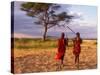 Two Maasai Morans Walking with Spears at Sunset, Amboseli National Park, Kenya-Alison Jones-Stretched Canvas