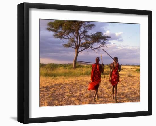 Two Maasai Morans Walking with Spears at Sunset, Amboseli National Park, Kenya-Alison Jones-Framed Premium Photographic Print