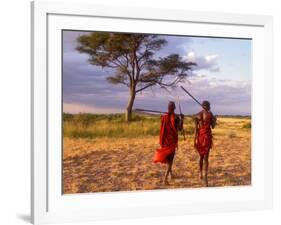 Two Maasai Morans Walking with Spears at Sunset, Amboseli National Park, Kenya-Alison Jones-Framed Photographic Print