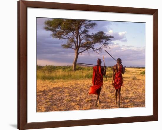 Two Maasai Morans Walking with Spears at Sunset, Amboseli National Park, Kenya-Alison Jones-Framed Photographic Print