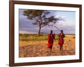 Two Maasai Morans Walking with Spears at Sunset, Amboseli National Park, Kenya-Alison Jones-Framed Photographic Print