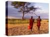 Two Maasai Morans Walking with Spears at Sunset, Amboseli National Park, Kenya-Alison Jones-Stretched Canvas