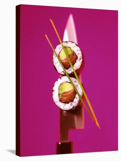 Two Maki-Sushi with Avocado and Salmon on Knife-Hartmut Kiefer-Stretched Canvas