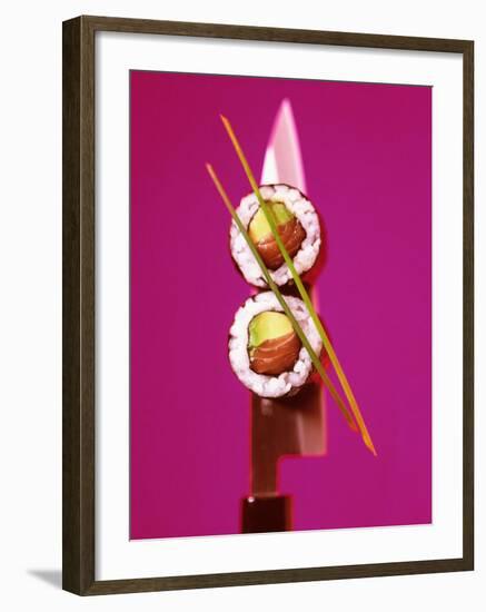 Two Maki-Sushi with Avocado and Salmon on Knife-Hartmut Kiefer-Framed Photographic Print