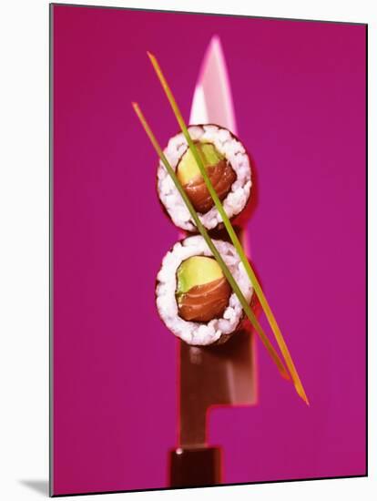 Two Maki-Sushi with Avocado and Salmon on Knife-Hartmut Kiefer-Mounted Photographic Print