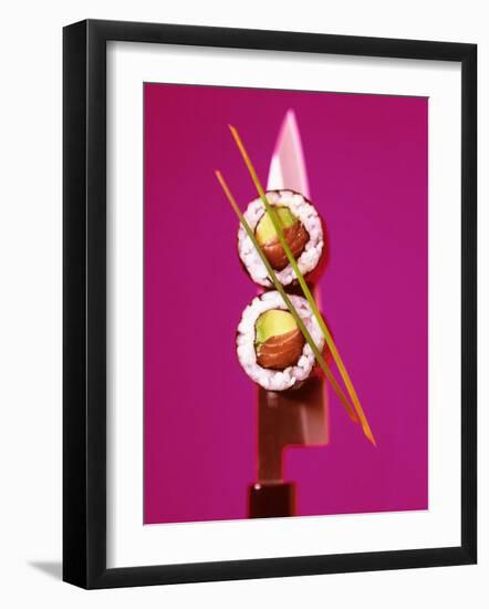 Two Maki-Sushi with Avocado and Salmon on Knife-Hartmut Kiefer-Framed Photographic Print