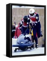 Two Man Bobsled Team Pushing Off at the Start, Lake Placid, New York, USA-Paul Sutton-Framed Stretched Canvas