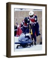 Two Man Bobsled Team Pushing Off at the Start, Lake Placid, New York, USA-Paul Sutton-Framed Photographic Print