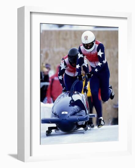 Two Man Bobsled Team Pushing Off at the Start, Lake Placid, New York, USA-Paul Sutton-Framed Photographic Print