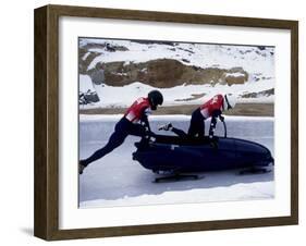 Two Man Bobsled Team Pushing Off at the Start , Lake Placid, New York, USA-Paul Sutton-Framed Photographic Print