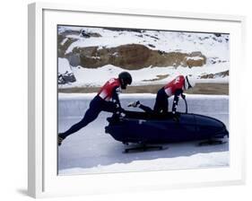 Two Man Bobsled Team Pushing Off at the Start , Lake Placid, New York, USA-Paul Sutton-Framed Photographic Print