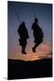 Two Masaai Warriors Silhouetted Performing Traditional Jump - Leap Kopje at Sunset-Nick Garbutt-Mounted Photographic Print