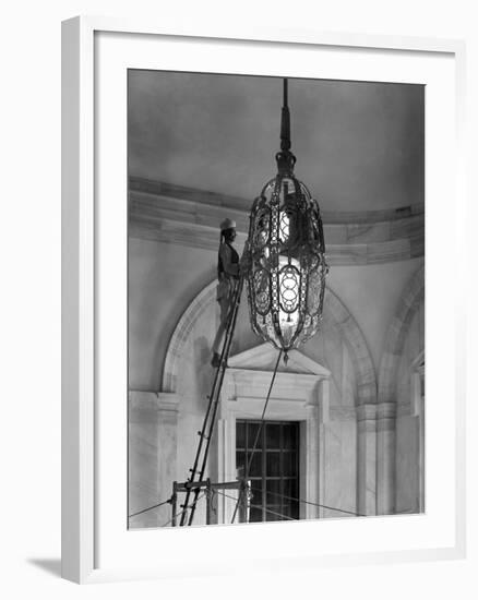 Two Members of the 2000-Strong Viceroy's House Staff Clean One of the Lamps-null-Framed Photographic Print