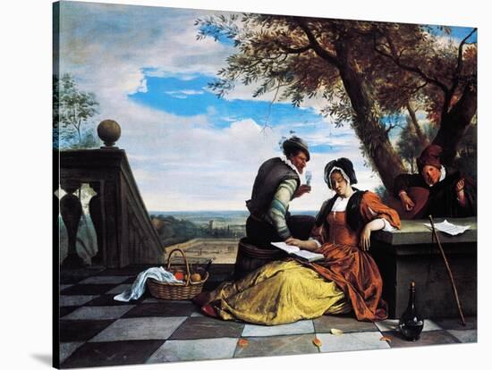 Two Men and Young Woman Making Music on Terrace, 1670-1675-Jan Steen-Stretched Canvas