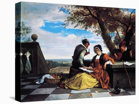 Two Men and Young Woman Making Music on Terrace, 1670-1675-Jan Steen-Stretched Canvas