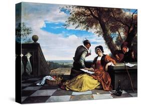 Two Men and Young Woman Making Music on Terrace, 1670-1675-Jan Steen-Stretched Canvas