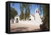 Two Men Approach the White Adobe Iglesia San Pedro Church, San Pedro, Chile, South America-Kimberly Walker-Framed Stretched Canvas