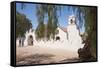 Two Men Approach the White Adobe Iglesia San Pedro Church, San Pedro, Chile, South America-Kimberly Walker-Framed Stretched Canvas