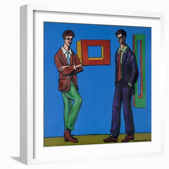 Two Men at an Exhibition of Comtemporary Modern Masks-Adrian Wiszniewski-Framed Giclee Print