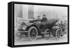Two Men in a Large Auto are Side by Two Men in a Miniature Auto-null-Framed Stretched Canvas