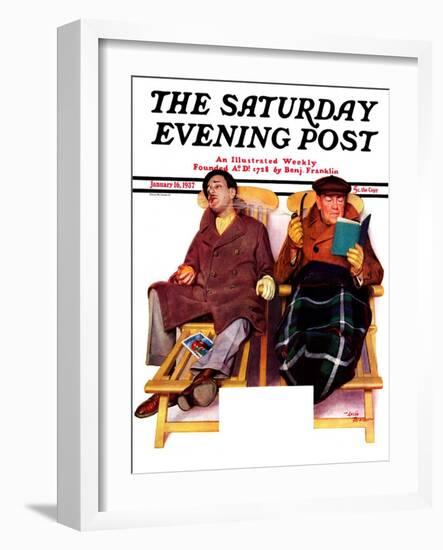 "Two Men in Deck Chairs," Saturday Evening Post Cover, January 16, 1937-Leslie Thrasher-Framed Premium Giclee Print