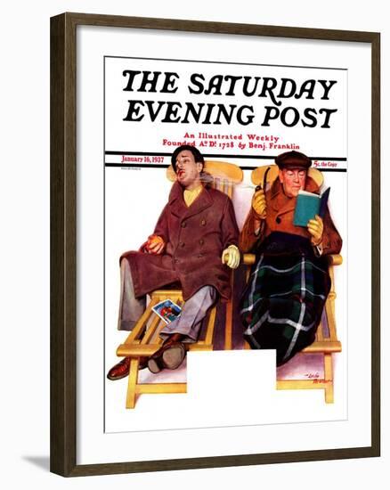 "Two Men in Deck Chairs," Saturday Evening Post Cover, January 16, 1937-Leslie Thrasher-Framed Giclee Print