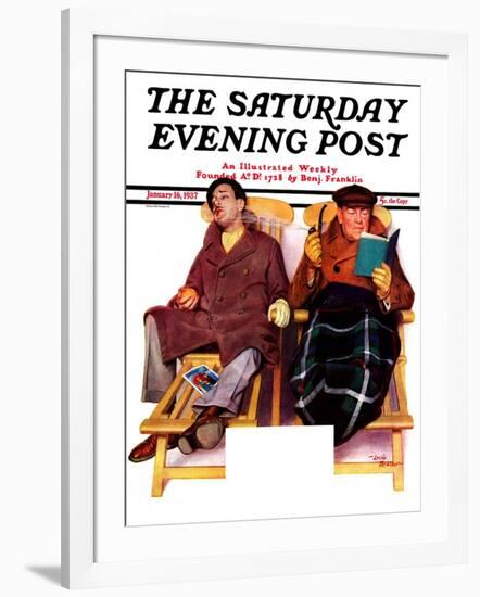 "Two Men in Deck Chairs," Saturday Evening Post Cover, January 16, 1937-Leslie Thrasher-Framed Giclee Print