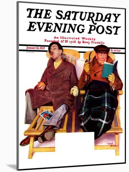 "Two Men in Deck Chairs," Saturday Evening Post Cover, January 16, 1937-Leslie Thrasher-Mounted Giclee Print