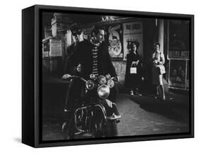 Two Men on a Motorbike in La Dolce Vita-null-Framed Stretched Canvas