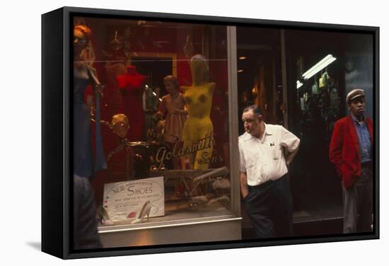 Two Men Outside Goldsmith and Sons Display Equipment, New York, New York, 1960-Walter Sanders-Framed Stretched Canvas