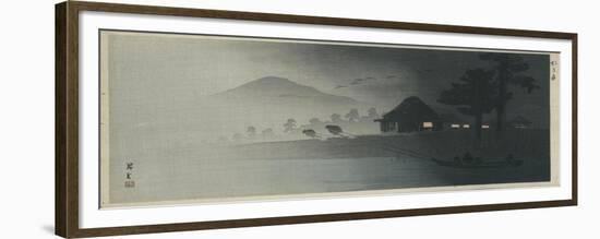 Two Men Pulling a Boat, with House with Lights on-Shokoku Yamamoto-Framed Giclee Print