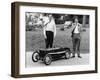 Two Men Standing by a Miniature Sunbeam Pedal Car, 1960S-null-Framed Photographic Print