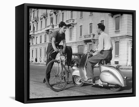 Two Men Talking in Street with Vespa Scooter and Bicycle-Dmitri Kessel-Framed Stretched Canvas