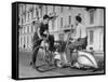 Two Men Talking in Street with Vespa Scooter and Bicycle-Dmitri Kessel-Framed Stretched Canvas