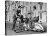 Two Men Talking in Street with Vespa Scooter and Bicycle-Dmitri Kessel-Stretched Canvas