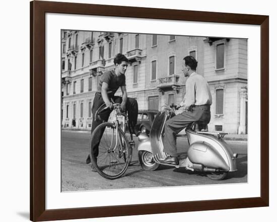 Two Men Talking in Street with Vespa Scooter and Bicycle-Dmitri Kessel-Framed Photographic Print