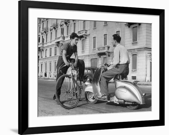 Two Men Talking in Street with Vespa Scooter and Bicycle-Dmitri Kessel-Framed Photographic Print