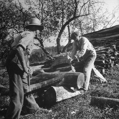 'Two Men Using a Crosscut Saw on a Log' Photographic Print