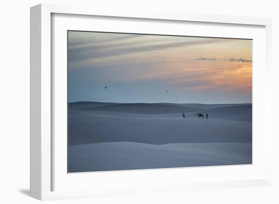 Two Men Walk a Donkey over Dunes at Sunset in Brazil's Lencois Maranhenses National Park-Alex Saberi-Framed Photographic Print