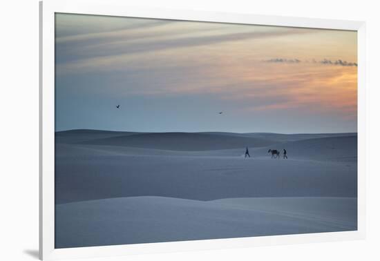 Two Men Walk a Donkey over Dunes at Sunset in Brazil's Lencois Maranhenses National Park-Alex Saberi-Framed Photographic Print