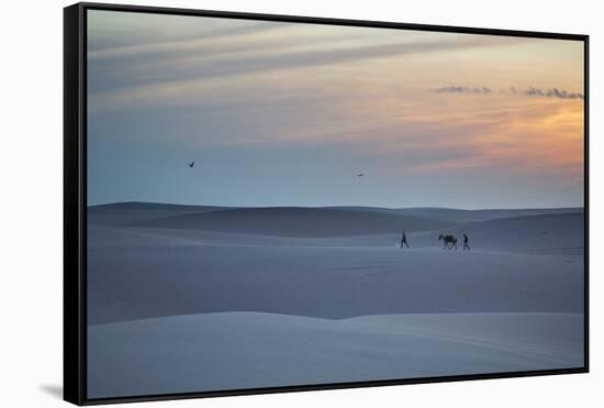 Two Men Walk a Donkey over Dunes at Sunset in Brazil's Lencois Maranhenses National Park-Alex Saberi-Framed Stretched Canvas