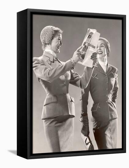 Two Models Wearing Suits with Fitted Jackets and Narrow Skirts, Crocheted Hats, 1946-Gjon Mili-Framed Stretched Canvas