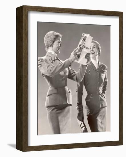 Two Models Wearing Suits with Fitted Jackets and Narrow Skirts, Crocheted Hats, 1946-Gjon Mili-Framed Photographic Print