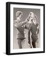 Two Models Wearing Suits with Fitted Jackets and Narrow Skirts, Crocheted Hats, 1946-Gjon Mili-Framed Photographic Print