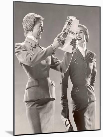 Two Models Wearing Suits with Fitted Jackets and Narrow Skirts, Crocheted Hats, 1946-Gjon Mili-Mounted Photographic Print