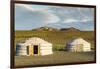 Two Mongolian nomadic gers and mountains in the background, Bayandalai district, South Gobi provinc-Francesco Vaninetti-Framed Photographic Print